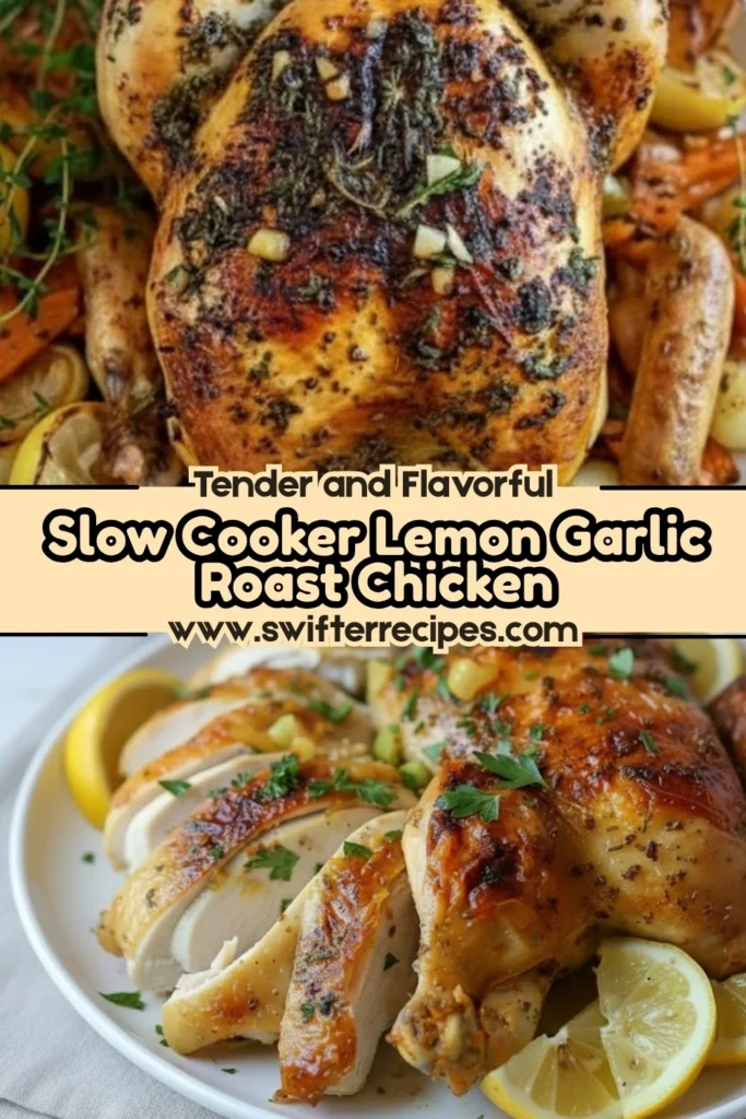 Collage of slow cooker lemon garlic roast chicken whole and sliced, with text overlay promoting the recipe on swifterrecipes.com.