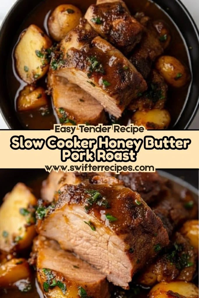 Slow cooker honey butter pork roast with potatoes Pinterest recipe graphic