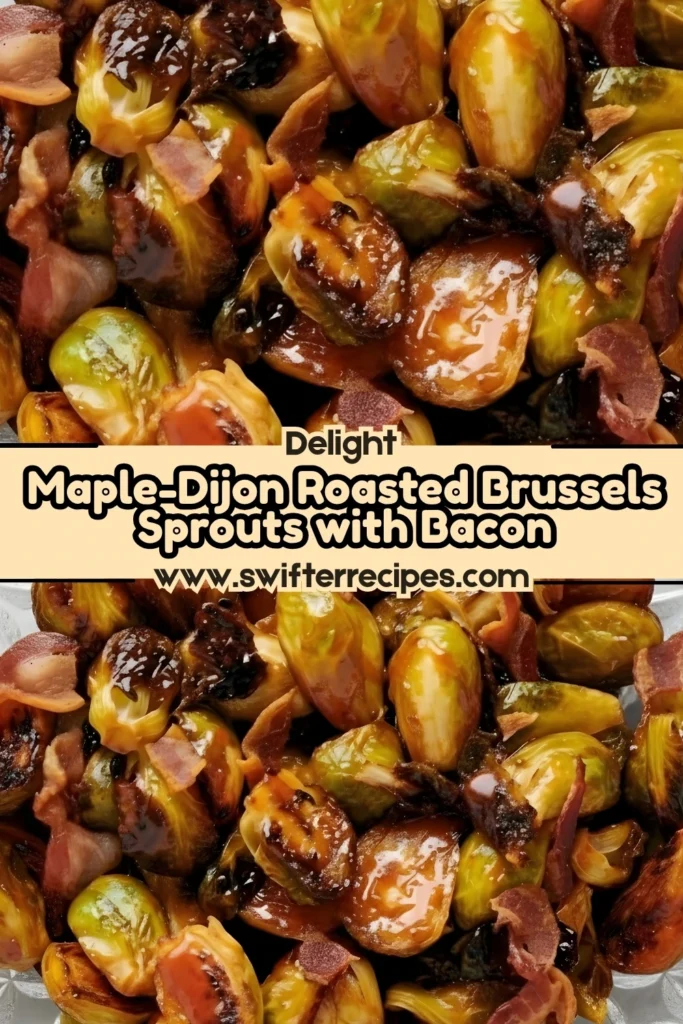 Caramelized Maple-Dijon roasted Brussels sprouts with crispy bacon pieces on a platter