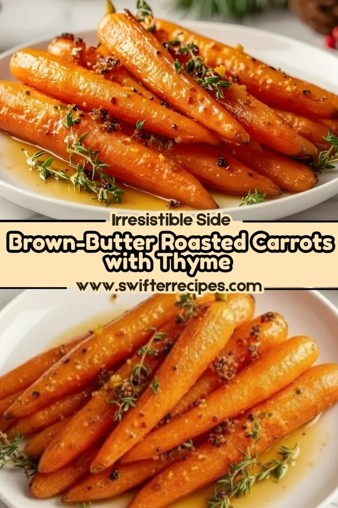 Brown-butter roasted carrots with thyme displayed on a white plate in a holiday-themed food graphic