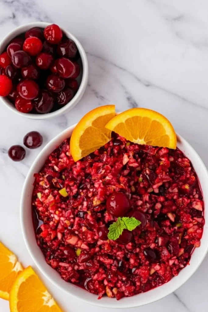 Fresh cranberry relish with oranges and cherries in a white bowl