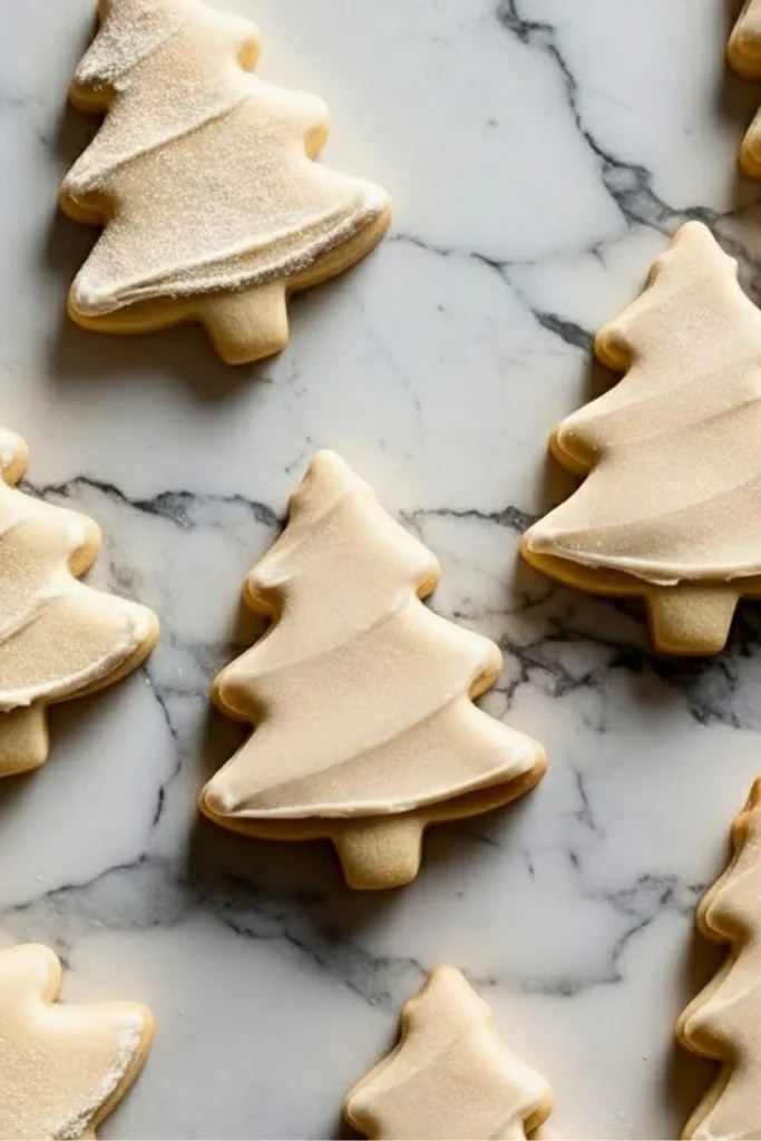 christmas tree cut out sugar cookies with white icing on marble surface