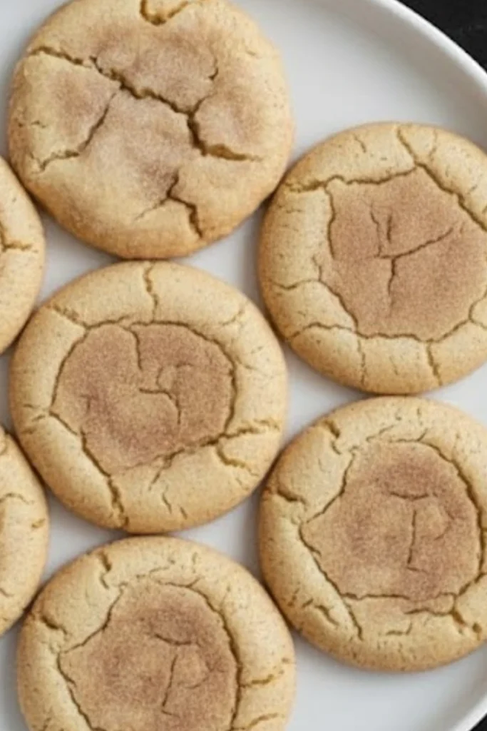Chewy cinnamon sugar cookies arranged on a white plate with cracked tops