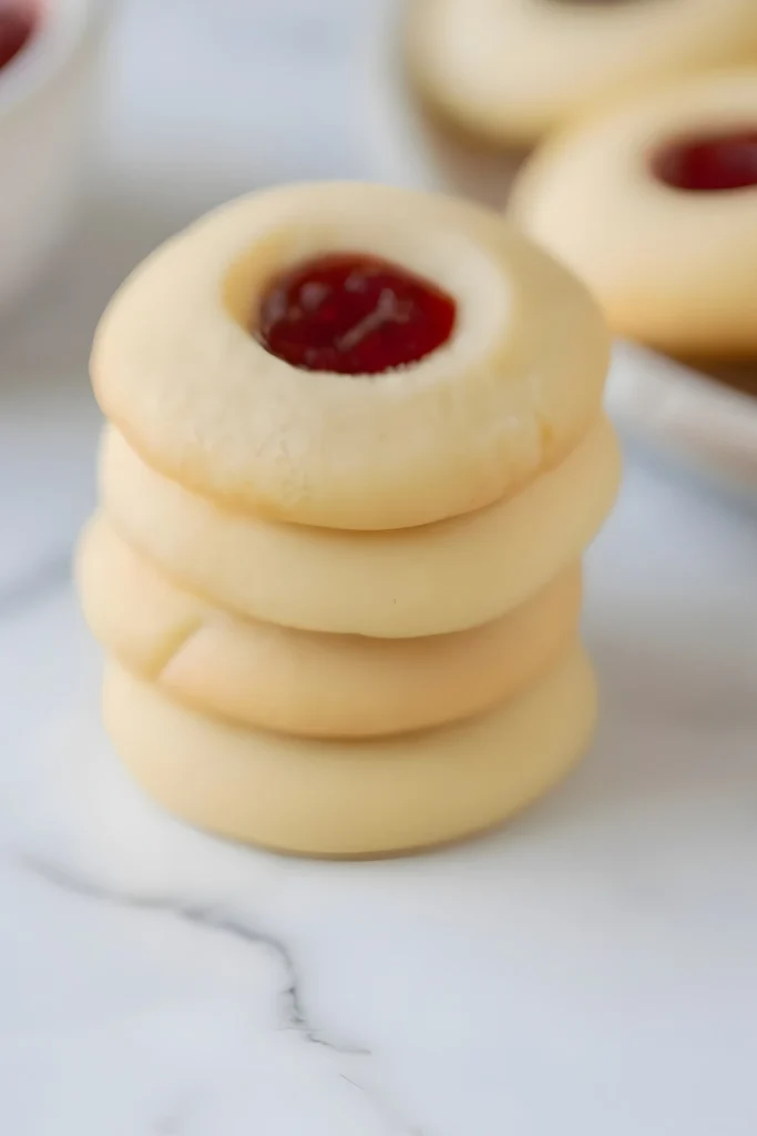 stack of raspberry shortbread thumbprint cookies with buttery soft dough and a glossy raspberry jam center on a marble surface