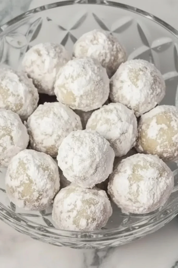 Christmas snowball cookies coated in powdered sugar arranged in a clear glass bowl