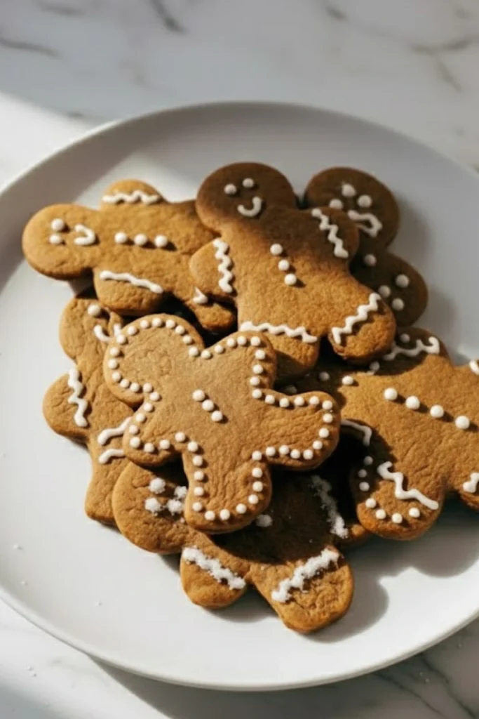 Plate of freshly baked gingerbread cookies decorated with white icing
