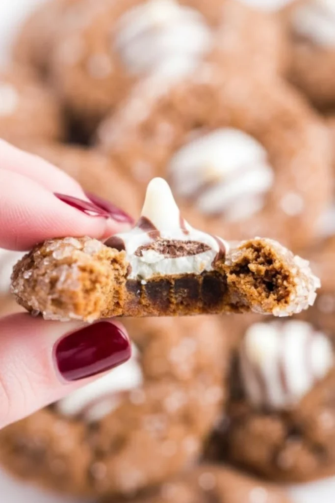 Close-up of a Christmas Kitchen Sink Cookie with a striped Hershey’s Kiss center held in hand