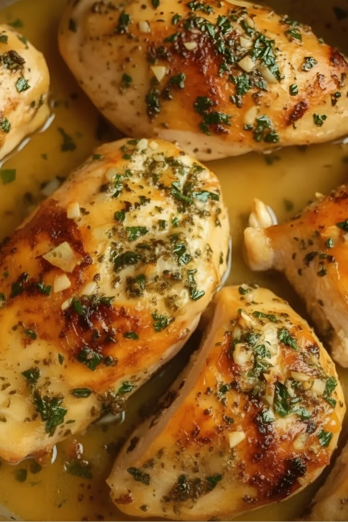Juicy roasted chicken with garlic herb butter close-up showing golden skin, fresh herbs, and melted garlic butter sauce for a flavorful dinner.