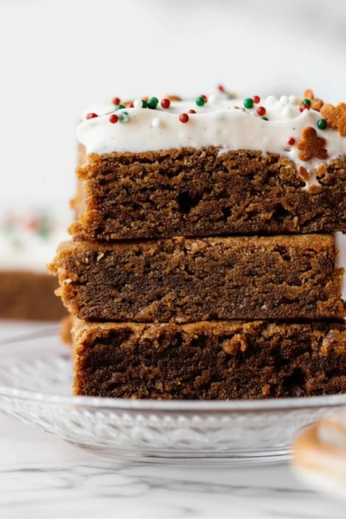 Stack of soft gingerbread cookie bars with white cream cheese frosting and festive red and green sprinkles on a glass plate.