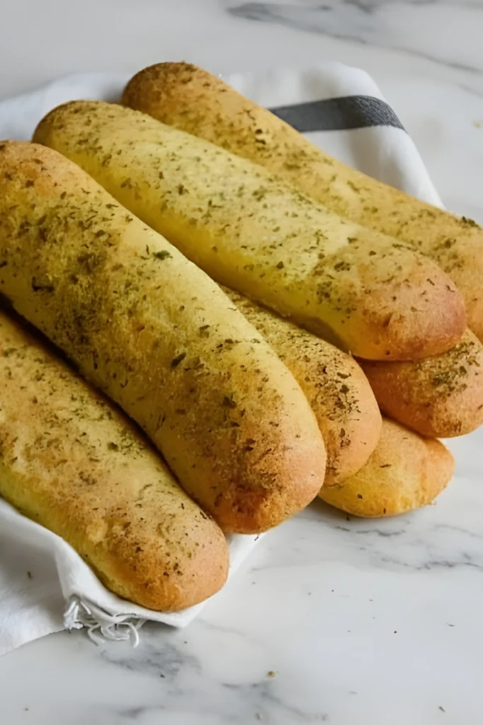 Keto Italian garlic breadsticks baked golden brown and sprinkled with herbs on a white marble surface.