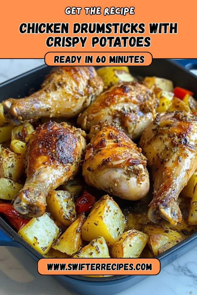 Golden-baked chicken drumsticks with crispy roasted potatoes and red peppers in a pan. Text overlay reads “Get the Recipe – Ready in 60 Minutes” from Swifter Recipes.