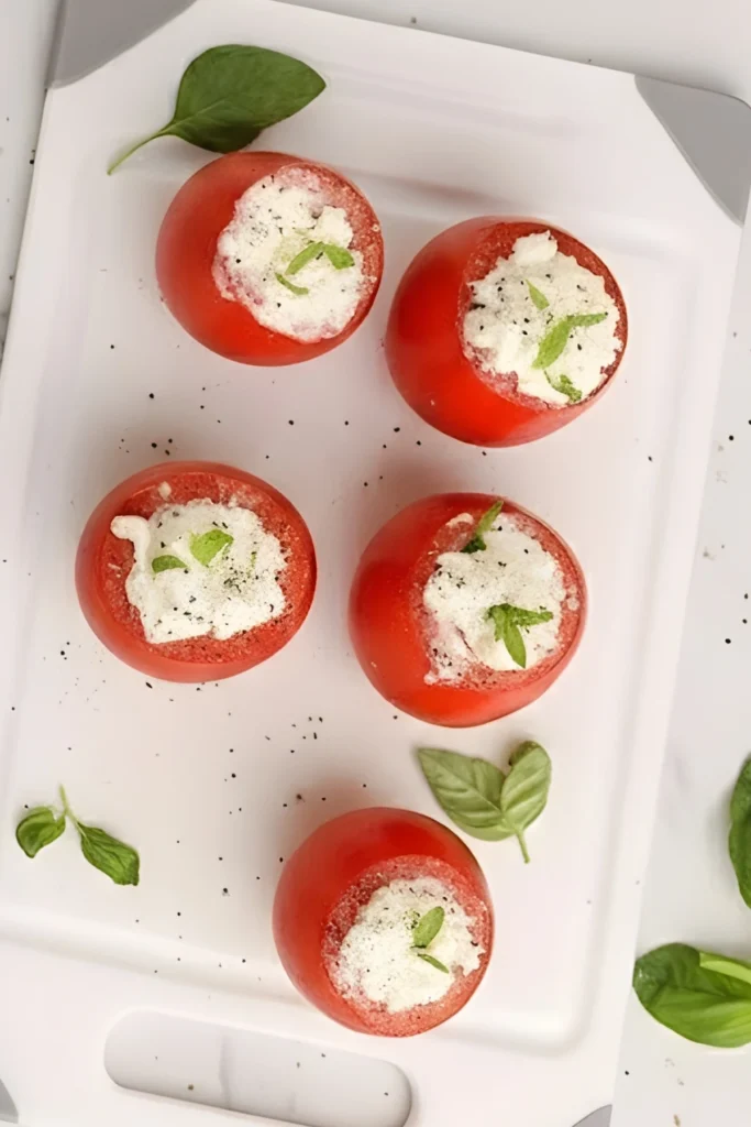 Overhead view of fresh Tomato Burrata Bites filled with creamy burrata cheese, garnished with basil and black pepper on a white serving tray.