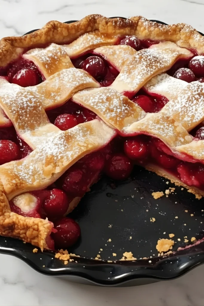 Slice missing from a homemade Best Christmas Cherry Pie showing juicy tart cherries and flaky golden crust dusted with powdered sugar