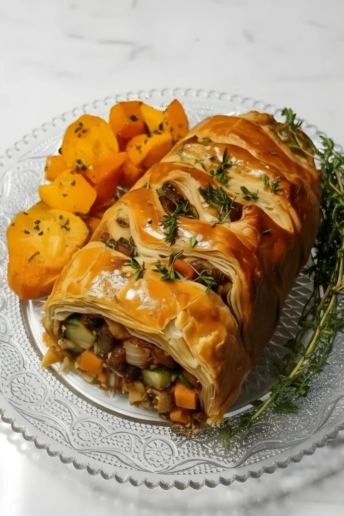 Golden Holiday Veggie Wellington Roast filled with roasted vegetables, wrapped in flaky puff pastry, and served with baked sweet potatoes and thyme garnish.