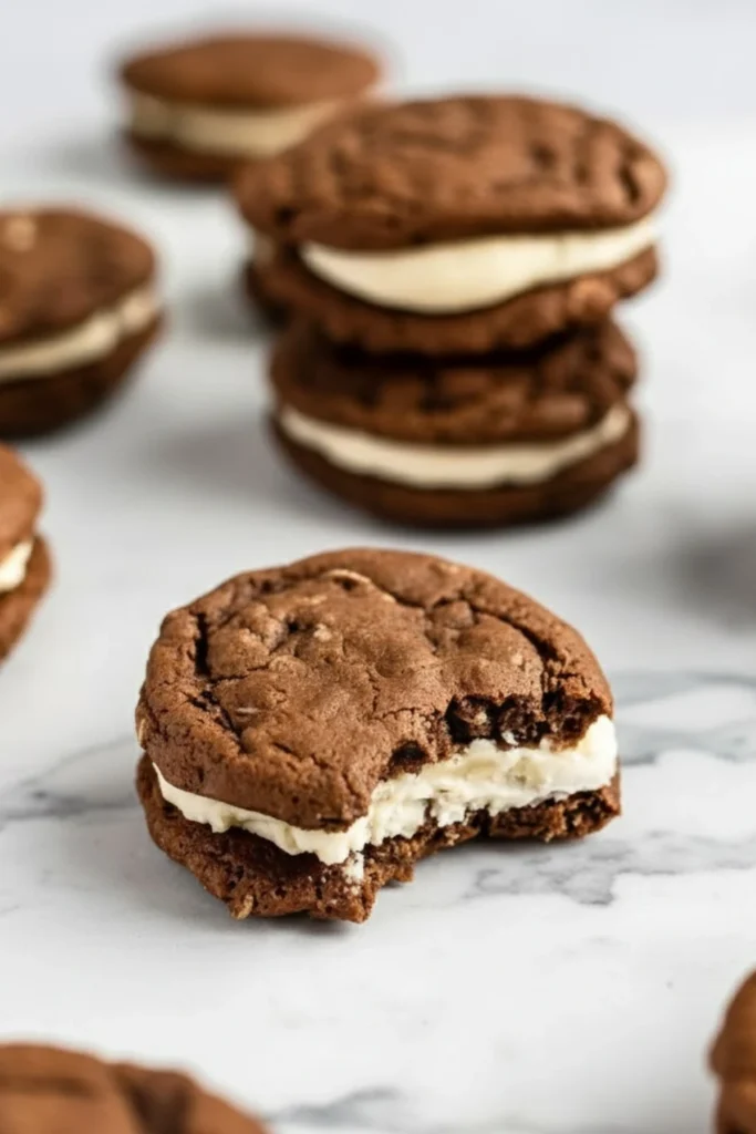 Soft gingerbread oatmeal cream pie cookie with a bite taken out, filled with creamy vanilla frosting, surrounded by stacked sandwich cookies.