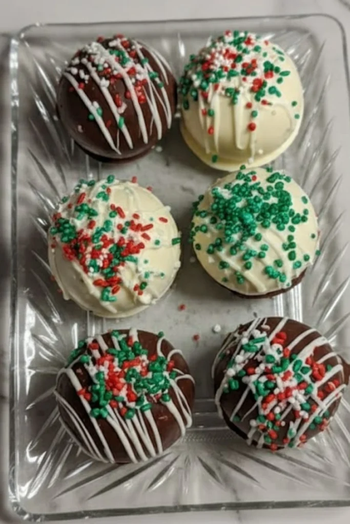 Christmas Oreo Balls arranged on a glass tray, coated in white and dark chocolate, decorated with red, green, and white holiday sprinkles