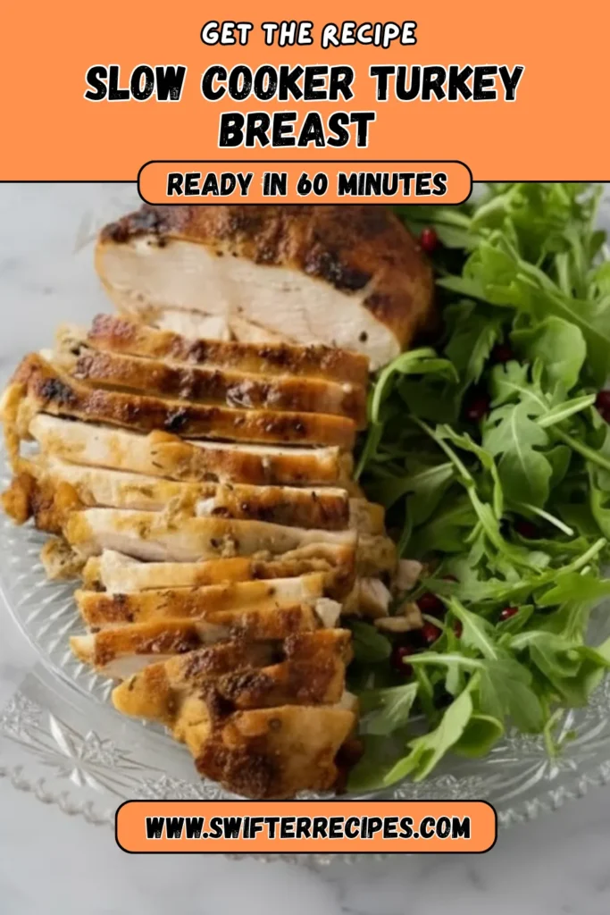 Slow Cooker Turkey Breast sliced and served with greens on a platter, text overlay reads Get the Recipe Ready in 60 Minutes from Swifter Recipes.