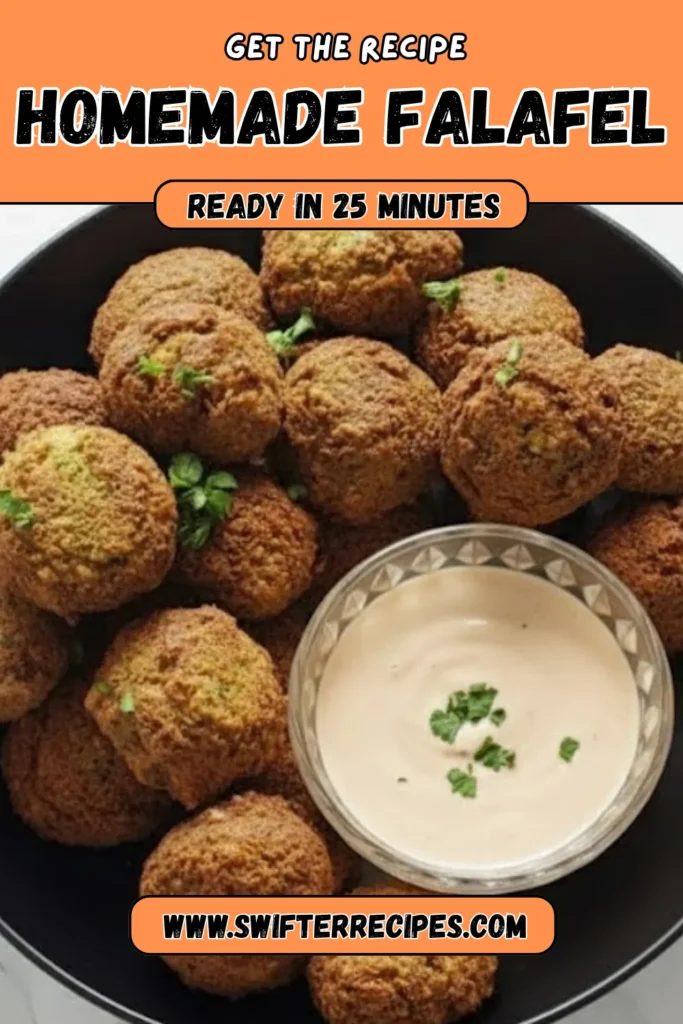Homemade crispy falafel balls served with creamy tahini dip in a black bowl, garnished with herbs — ready in 25 minutes from Swifter Recipes.