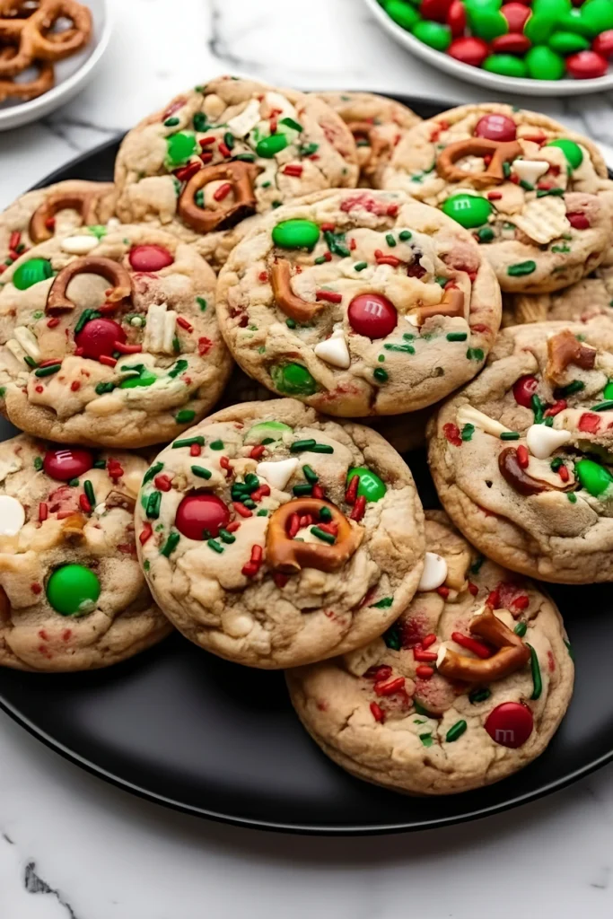 Christmas Kitchen Sink Cookies with M&Ms, Pretzels, and Sprinkles on a Black Plate