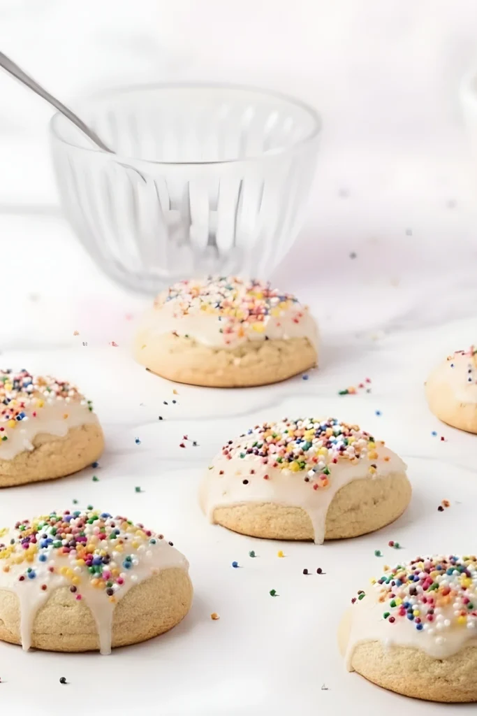 Italian Ricotta Cookies with almond glaze and colorful sprinkles cooling on a white surface.