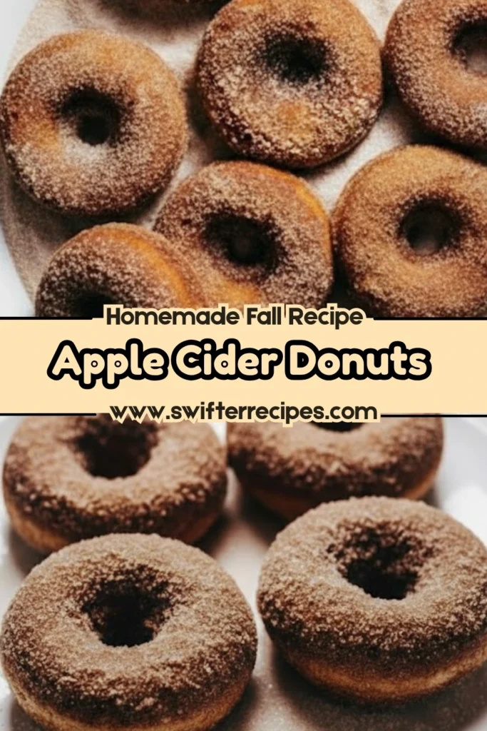 Homemade apple cider donuts coated in cinnamon sugar with text overlay reading “Homemade Fall Recipe Apple Cider Donuts” from swifterrecipes.com.