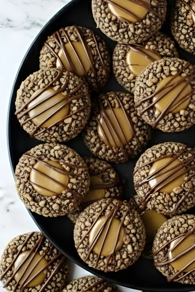 Turtle Thumbprint Cookies with caramel centers and chocolate drizzle on a black plate