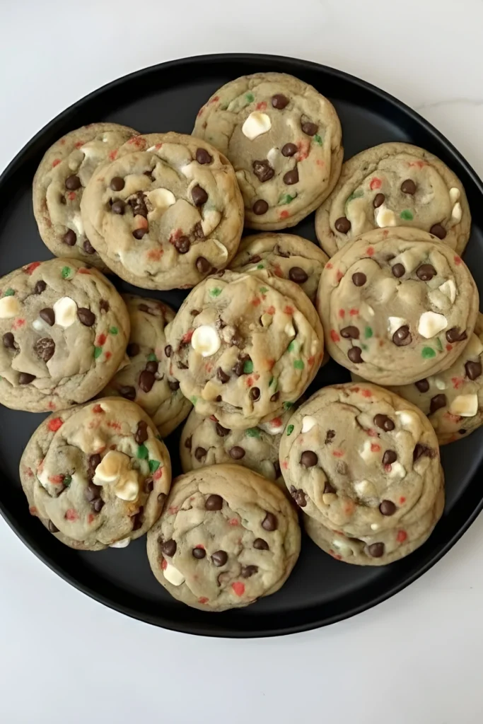 Freshly baked Christmas chocolate chip cookies with white and dark chocolate chips and festive red and green sprinkles arranged on a black plate.