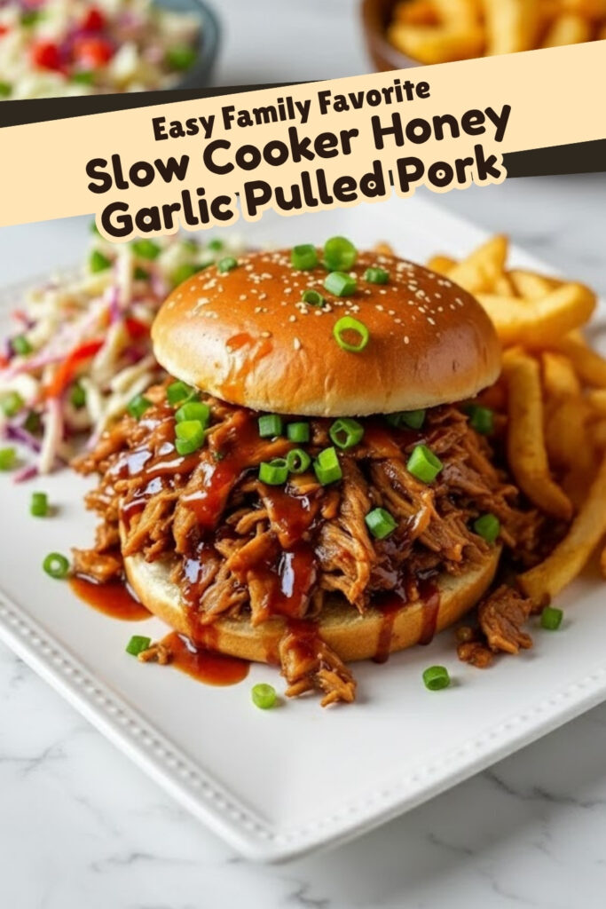 Easy family favorite Slow Cooker Honey Garlic Pulled Pork sandwich with BBQ sauce, crispy fries, and coleslaw on a marble table