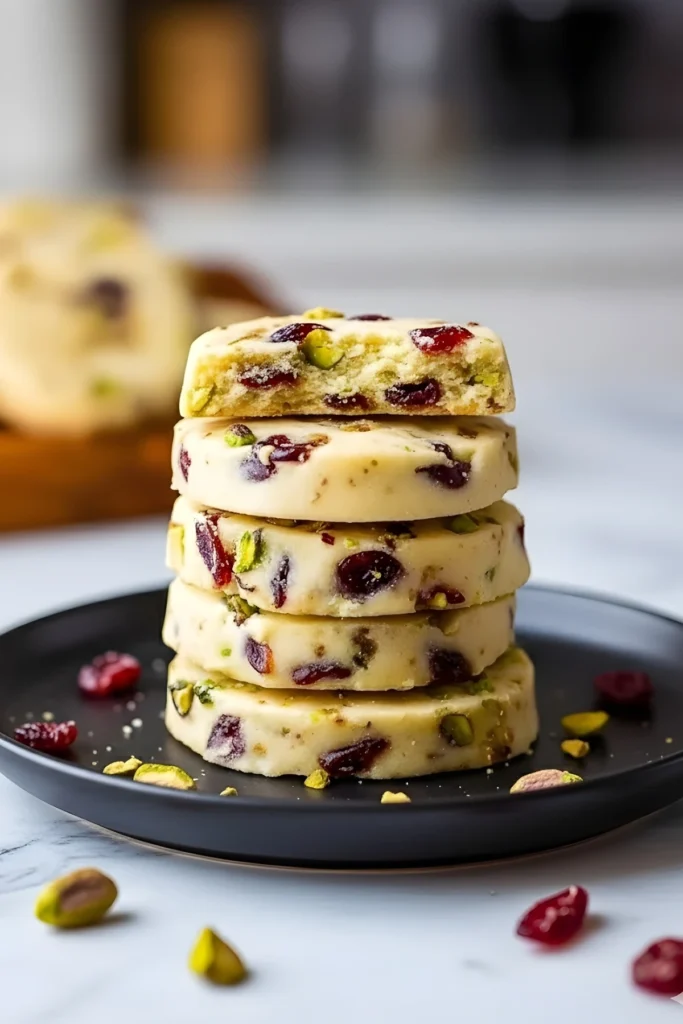 Stack of cranberry pistachio shortbread cookies with slice-and-bake edges on a black plate, showing dried cranberries and pistachios in each cookie.