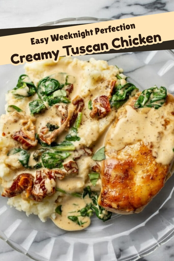 Creamy Tuscan Chicken served with spinach and sun-dried tomatoes in a rich garlic Parmesan sauce over mashed potatoes.