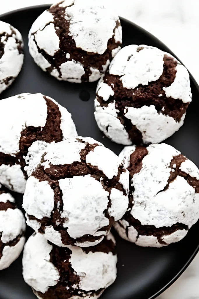 Chewy chocolate crinkle cookies on a black plate coated in powdered sugar