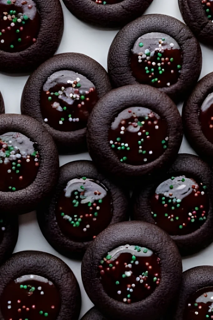Close up of chocolate holiday cookies filled with glossy chocolate and sprinkles