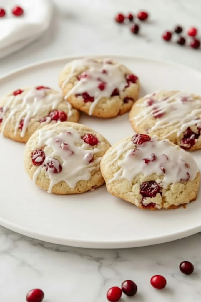 Orange cranberry cookies with white citrus icing on a white plate surrounded by fresh cranberries