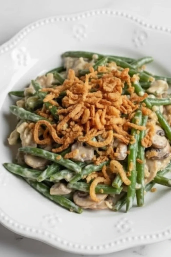 Green bean casserole served on a white plate with creamy mushrooms and crispy fried onions
