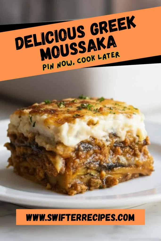 Close-up of Homemade Greek Moussaka with Creamy Béchamel and Savory Meat Layers – Delicious Mediterranean Comfort Food