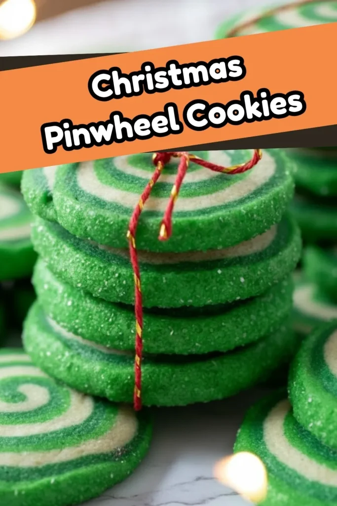 Stack of green and white Christmas Pinwheel Cookies tied with red string and holiday label.