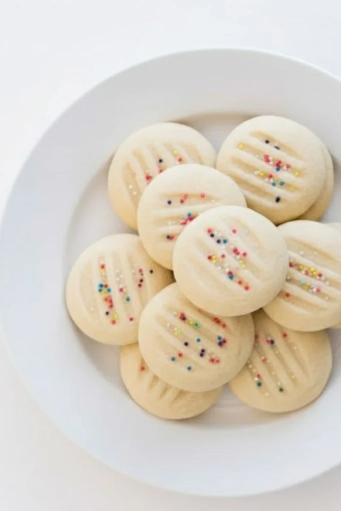 Classic whipped shortbread cookies topped with colorful sprinkles, arranged on a white plate for an easy holiday dessert.