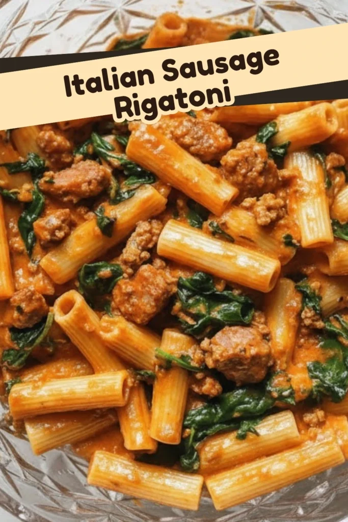 Creamy Italian sausage rigatoni pasta with spinach and tomato cream sauce served in a clear glass bowl — an easy, family-friendly dinner.