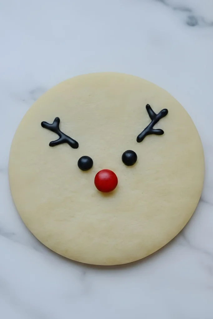 Single Rudolph the Red-Nosed Reindeer sugar cookie with chocolate antlers and red candy nose on marble background