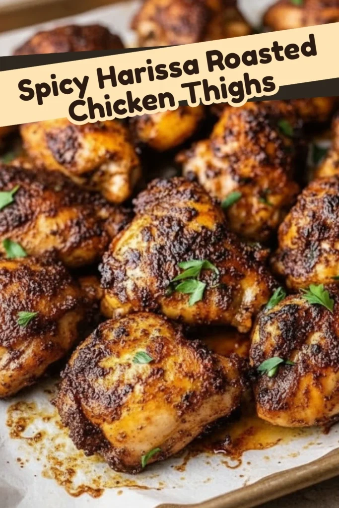Spicy Harissa Roasted Chicken Thighs with crispy golden skin baked to perfection and garnished with fresh parsley on a baking tray.