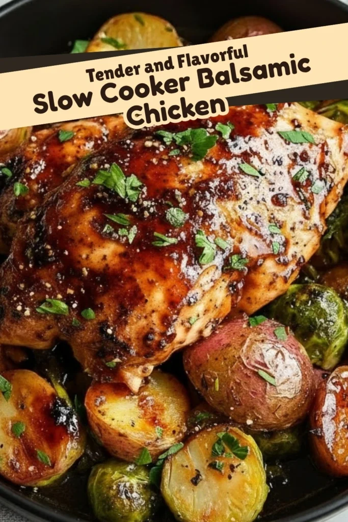 Slow Cooker Balsamic Chicken with tender chicken breast, red potatoes, and Brussels sprouts coated in glossy balsamic glaze and sprinkled with parsley.