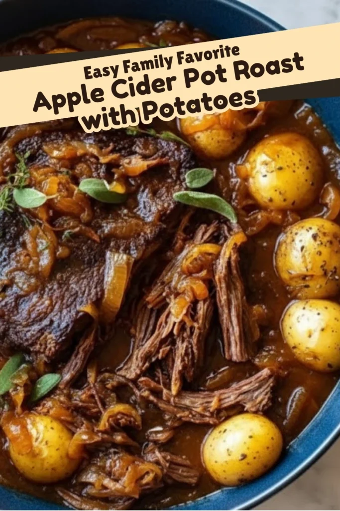 Apple Cider Pot Roast with Potatoes in rich apple cider gravy with herbs and onions, the perfect easy family dinner.