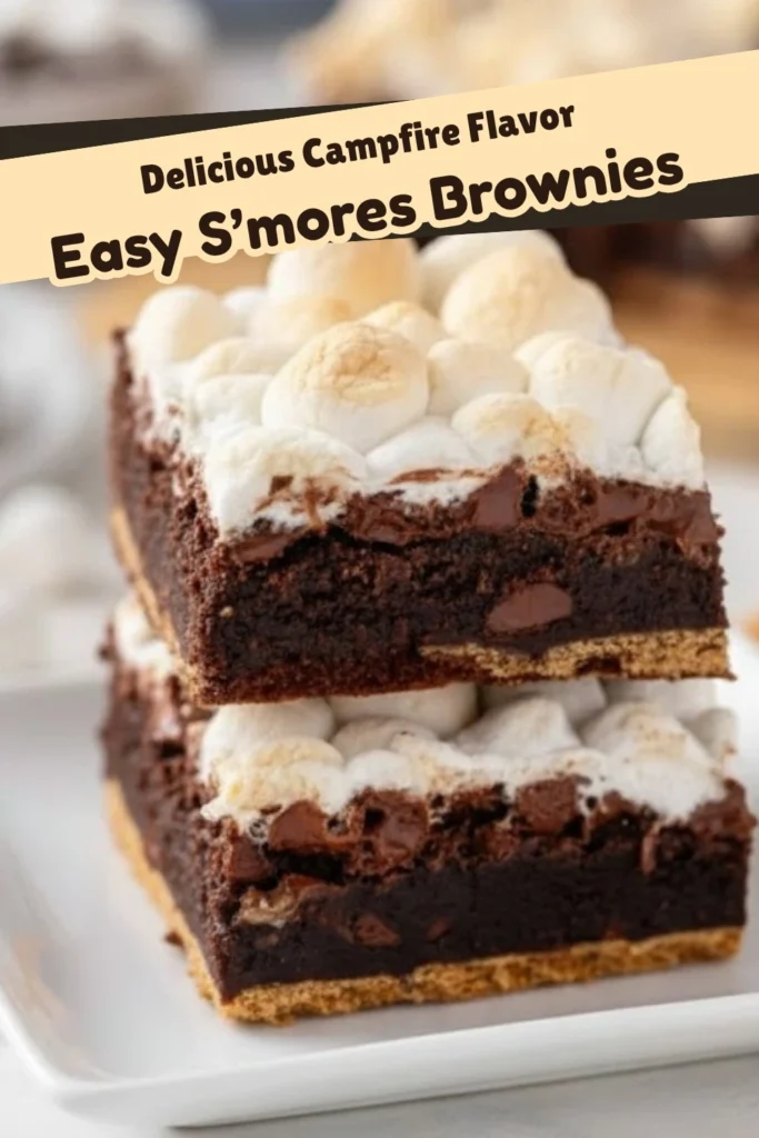 Easy S’mores Brownies stacked with gooey chocolate layers, toasted marshmallows, and graham cracker crust, labeled Delicious Campfire Flavor.