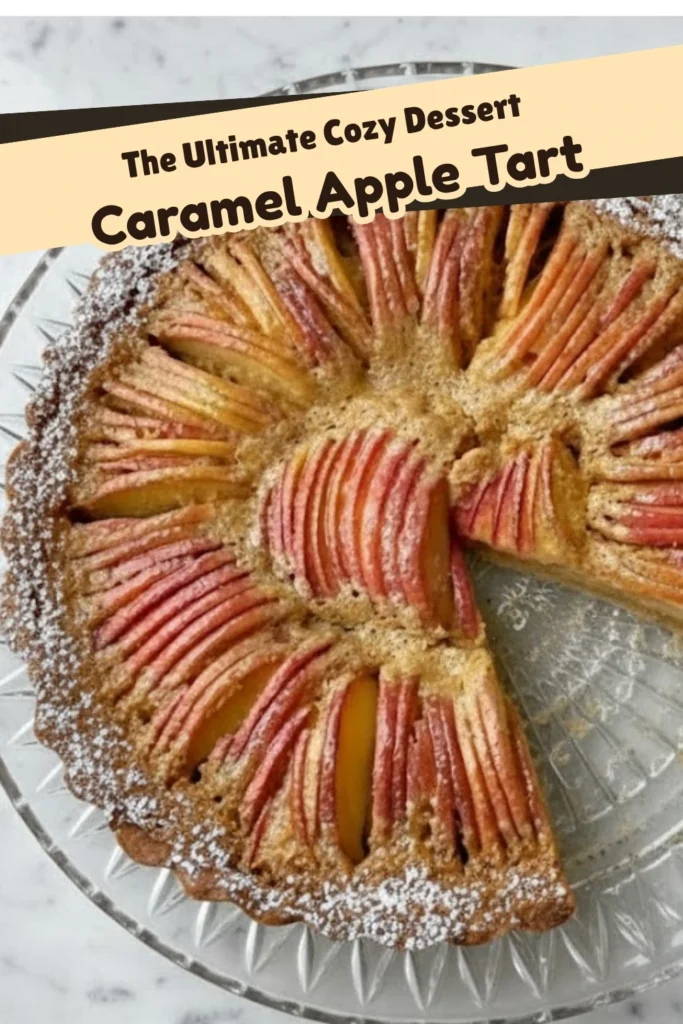 Homemade Caramel Apple Tart on a glass plate with golden crust and thinly sliced apples, labeled “The Ultimate Cozy Dessert.”