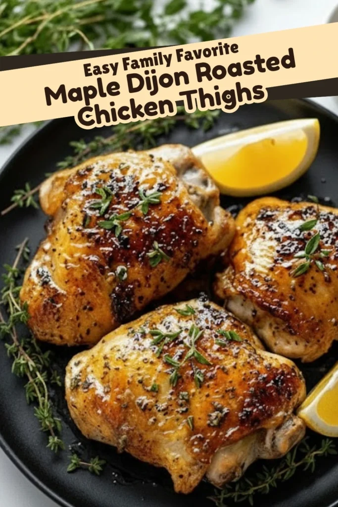 Easy family favorite Maple Dijon Roasted Chicken Thighs served with lemon wedges and herbs on a black plate, featuring crispy golden skin and maple glaze.