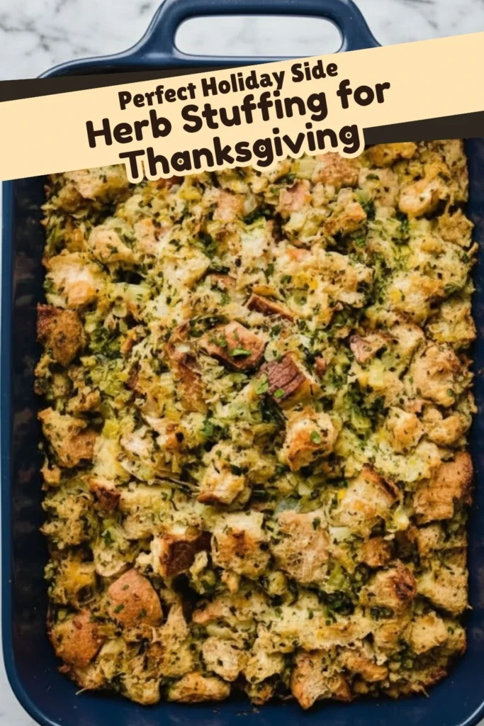 Perfect holiday side dish Herb Stuffing for Thanksgiving baked golden with bread cubes, herbs, and butter in a blue casserole pan.