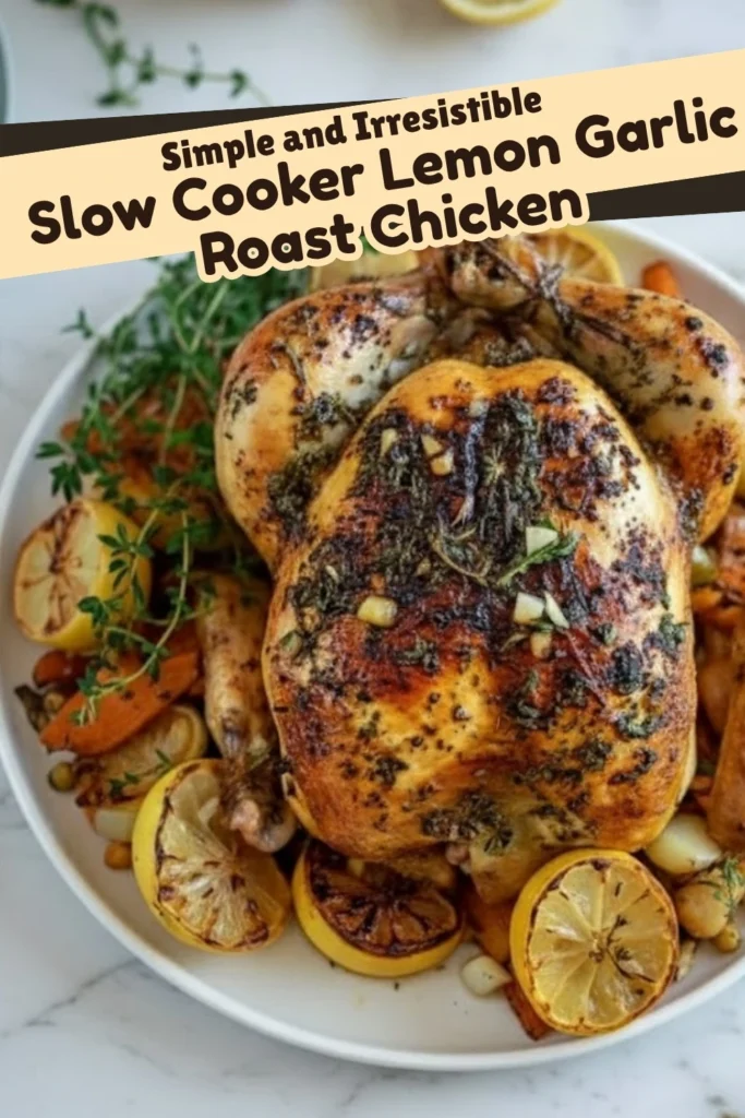 Slow cooker lemon garlic roast chicken with herbs, roasted lemons, and text overlay on a white plate.