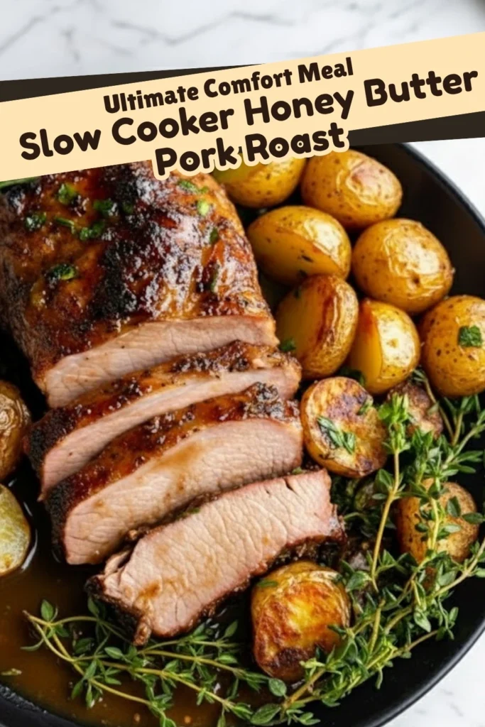 Slow cooker honey butter pork roast with golden potatoes and fresh herbs Pinterest graphic