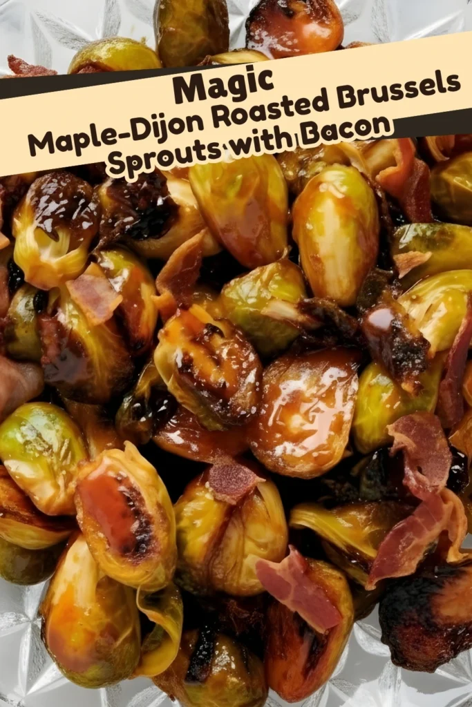 Maple-Dijon roasted Brussels sprouts with crispy bacon on a serving platter