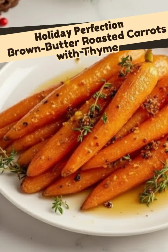 Brown-butter roasted carrots with thyme served on a white plate in a festive holiday food graphic